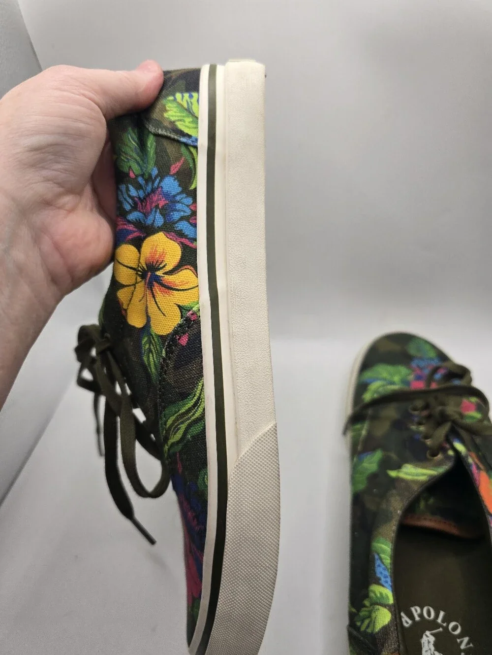 Polo Ralph Lauren Green Tropical Floral Camo Deck Sneakers. Mens 10 D
